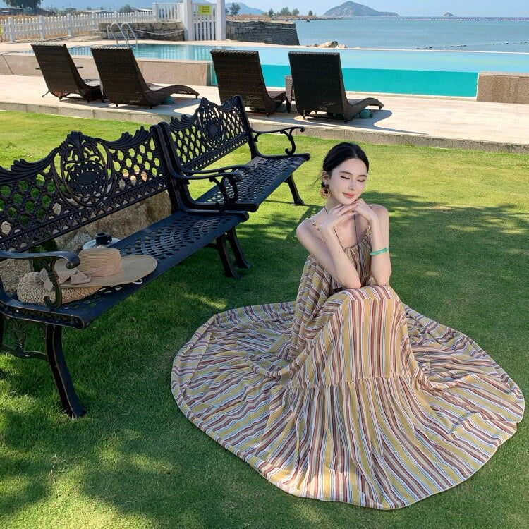【ワンピース】リゾート ストライプ ノースリーブ キャミワンピース レディース 夏新作 海辺 バリ島 ビーチ ロング丈 フレンチ【SHシリーズ】