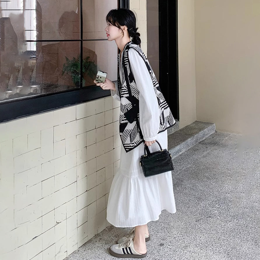 2点セット！【セットアップ】フレンチ上品 ホワイトワンピース＋ヴィンテージ風プリントベスト セット レディース 大人カジュアル【SHシリーズ】
