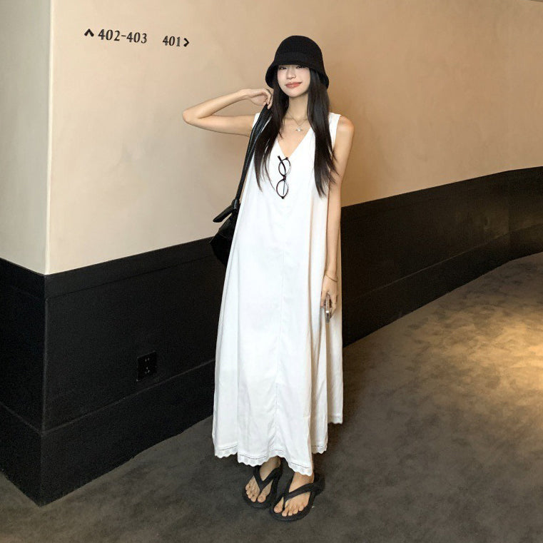 【ワンピース】ホワイト Vネック ノースリーブ Aライン ロング丈 リゾート風 ゆったり ナチュラル ワンピース【JZシリーズ】