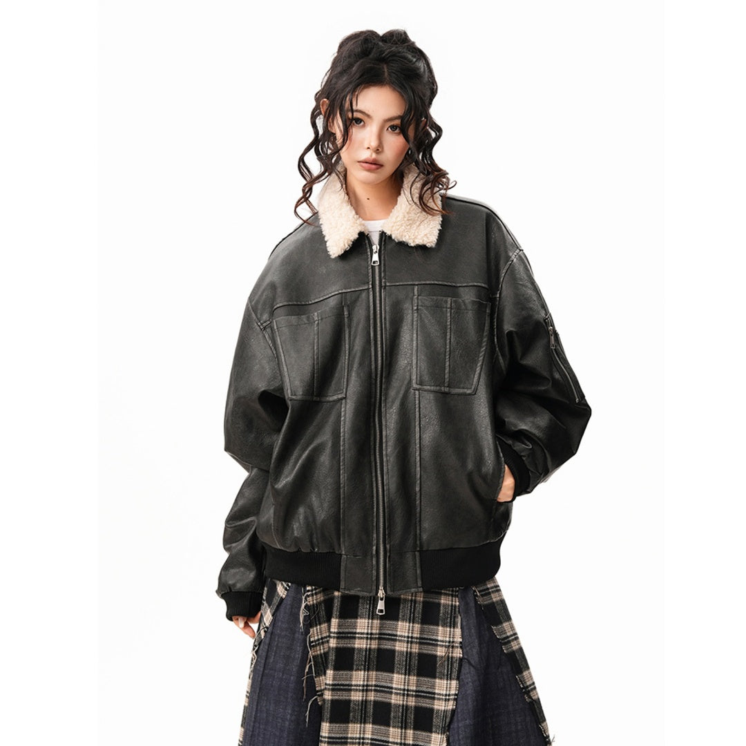 【アウター】ボア襟 春 秋 冬 暖かい テーラードカラー レザージャケット 【FCシリーズ】
