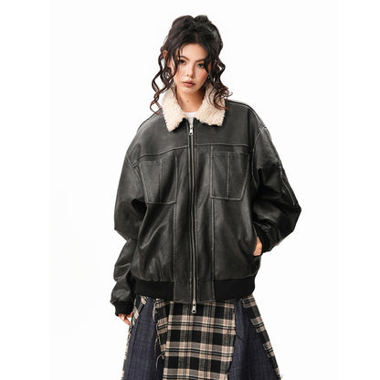 【アウター】ボア襟 春 秋 冬 暖かい テーラードカラー レザージャケット 【FCシリーズ】