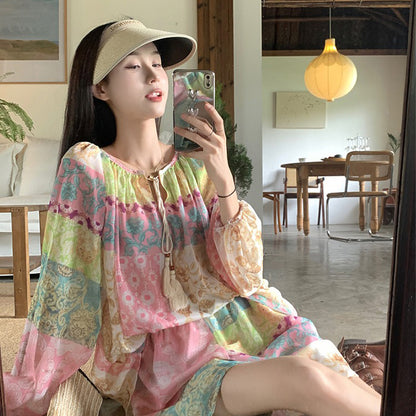 2点セット！【セットアップ】旅行・バカンス風 ドーパミンコーデ UVカット 上下セット 長袖シャツ＋ハイウエストショートパンツ【SHシリーズ】