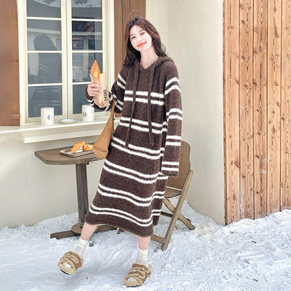 【ワンピース】ボーダー ニットパーカーワンピース レディース 韓国風 学院スタイル ミディ丈 大人可愛い【JZシリーズ】
