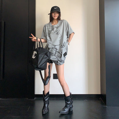 【トップス】ヴィンテージ風 スケッチプリントTシャツ レディース 夏 ルーズフィット 半袖【FCシリーズ】