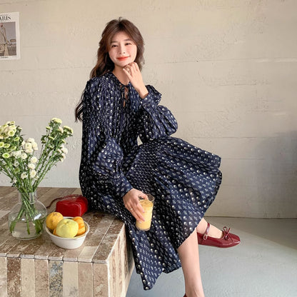 【ワンピース】フラワープリント リボン付き 長袖ワンピース レディース マキシ丈 トレンドコーデ 大人可愛い【SHシリーズ】