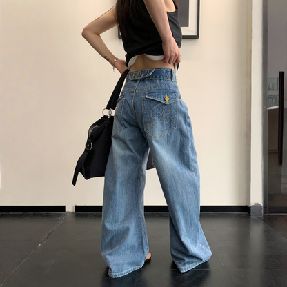 【ボトムス】ヴィンテージ加工 ストレートデニムパンツ  ワイドパンツ 【FCシリーズ】