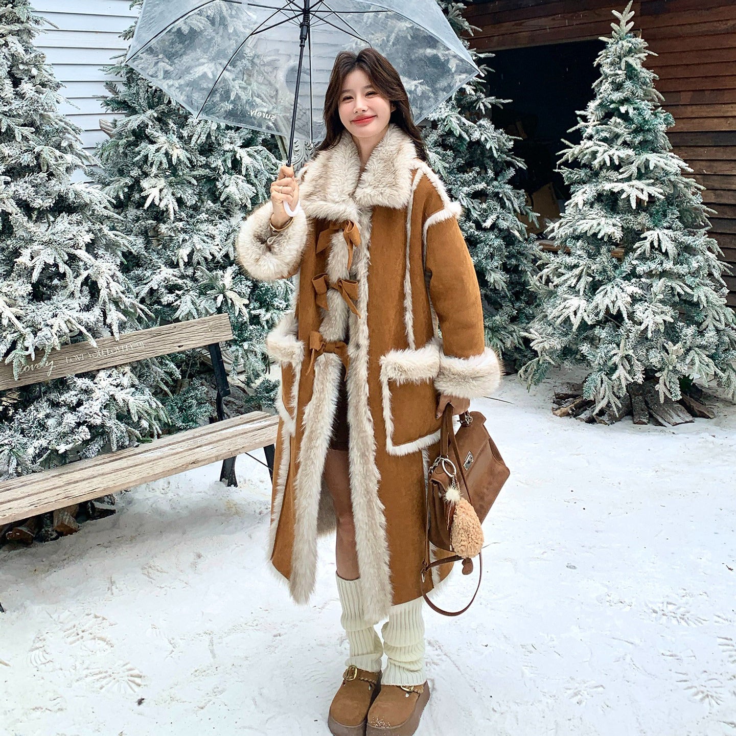 【アウター】リボン付き フェイクファー コート 冬新作 シープボアデザイン 長袖 綿入れコート【JZシリーズ】