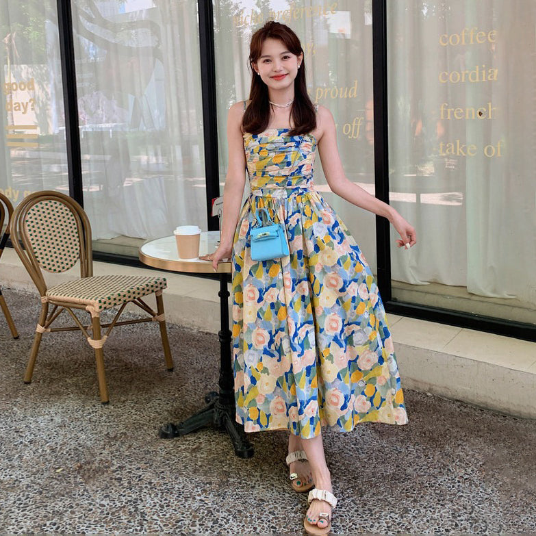 【ワンピース】フレンチ風 油絵プリント キャミワンピース レディース 夏 ヴィンテージ風 花柄  ノースリーブ ロング丈 大人可愛い【SHシリーズ】