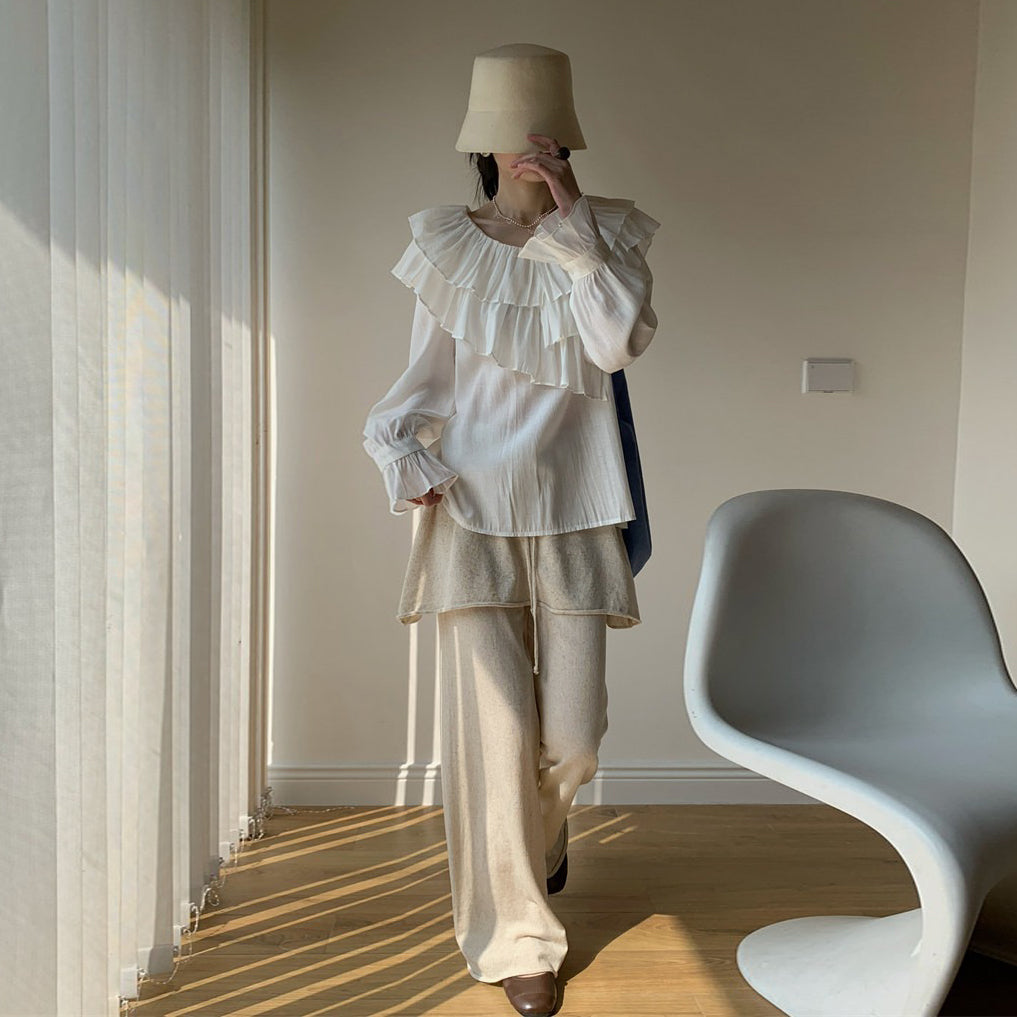 【トップス】2026春夏 フレンチ 丸首 レイヤード フリル プリーツ ゆるシルエット 軽薄 フレア袖 UVカット 微透け ブラウス レディース【JZシリーズ】