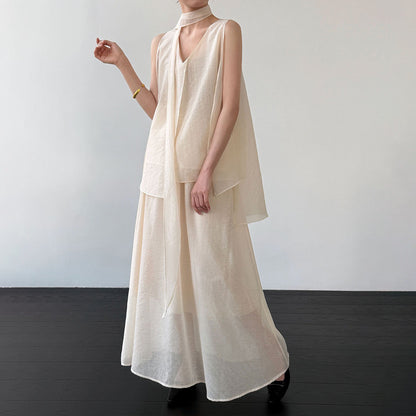 【セットアップ】リゾート風 ノースリーブ トップス & シアースカート 上下セット レディース 夏 フレア Aライン ゆったり 体型カバー フェミニン 人気【JZシリーズ】