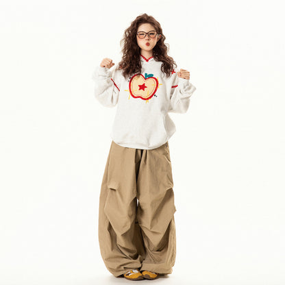 【トップス】ヴィンテージ調 りんごモチーフ刺繍 フードパーカー 秋 男女兼用 ゆったり カジュアル【FCシリーズ】