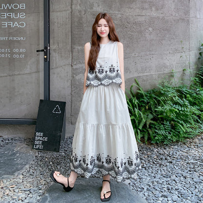 2点セット！【セットアップ】エスニックプリント ノースリーブストライプトップス＋スカートセット【SHシリーズ】