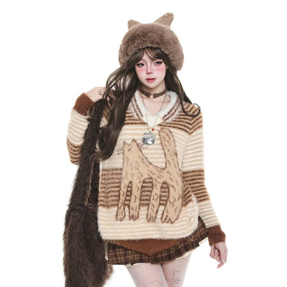 【トップス】猫柄ストライプ 韓国風カジュアル ゆったり ニットセーター【FCシリーズ】