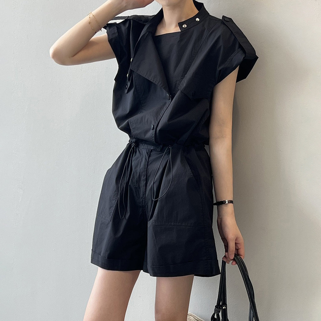 【ボトムス】ハイウエスト 夏 ワーク風 オールインワン  スタンドカラー フリルスリーブ シャツ風 ショート丈ジャンプスーツ【JZシリーズ】