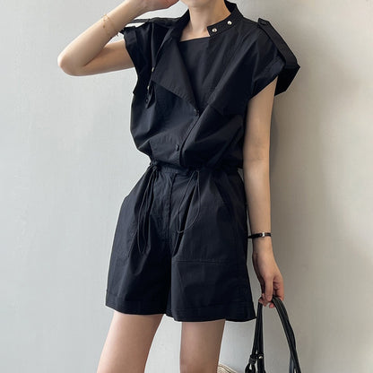 【ボトムス】ハイウエスト 夏 ワーク風 オールインワン  スタンドカラー フリルスリーブ シャツ風 ショート丈ジャンプスーツ【JZシリーズ】