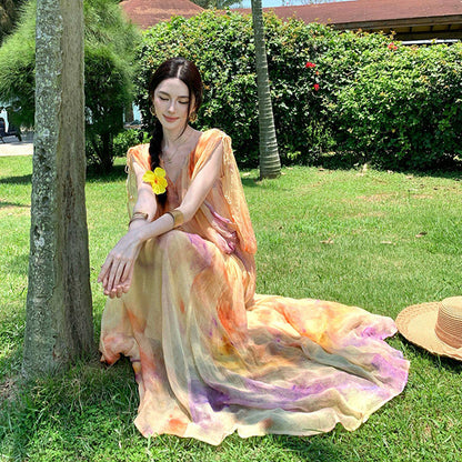 【ワンピース】リゾート風 グラデーションワンピース レディース 夏 ノースリーブ ロング丈 フレアシルエット 海辺コーデ バカンススタイル【SHシリーズ】