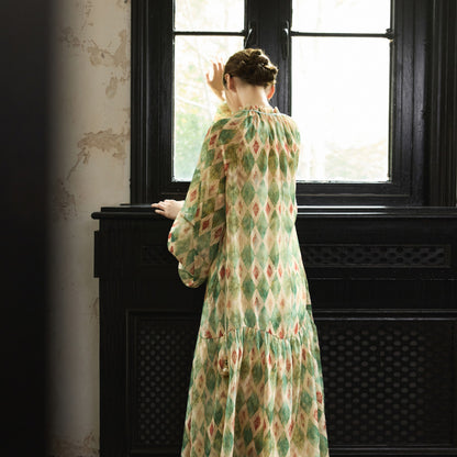 【ワンピース】【30-35日内発送】フレンチ レトロ プリント パフスリーブワンピース ゆったり Vネック 長袖ワンピース【SHシリーズ】