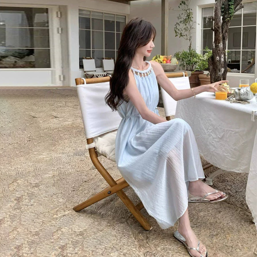 【ワンピース】ボヘミアン風 ワンピース レディース 夏 ホルターネック ノースリーブ 美シルエット リゾートロングワンピース【JZシリーズ】