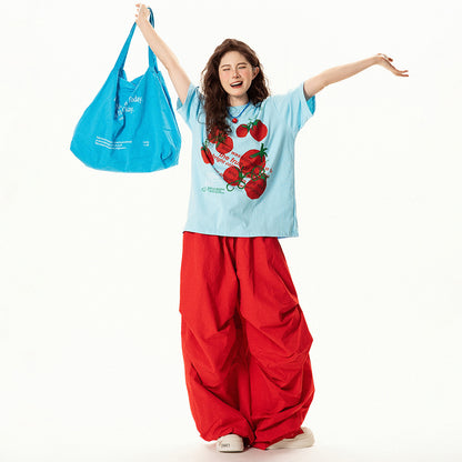 【トップス】レトロ趣味 トマト＆ロゴプリント 半袖Tシャツ レディース 夏 ゆったり カジュアル【FCシリーズ】【15〜20日発送】