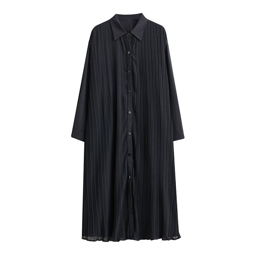 【ワンピース】ダーク系 無地 切替 プリーツ 長袖 シャツワンピース ゆるシルエット 垂れ感【AHシリーズ】