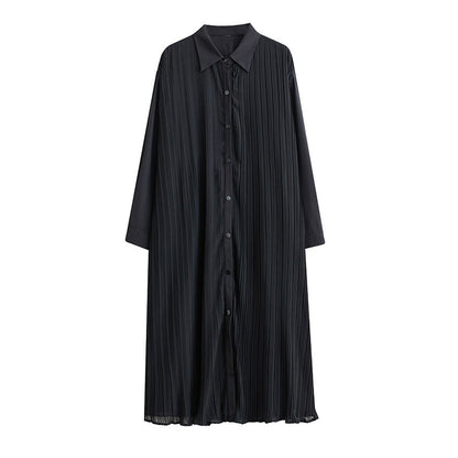 【ワンピース】ダーク系 無地 切替 プリーツ 長袖 シャツワンピース ゆるシルエット 垂れ感【AHシリーズ】