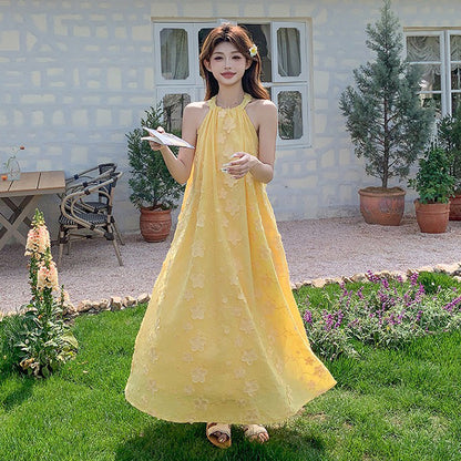 【ワンピース】夏 花柄 イエロー ハイネックキャミノースリーブワンピース 気質溢れる優しげロングドレス【SHシリーズ】