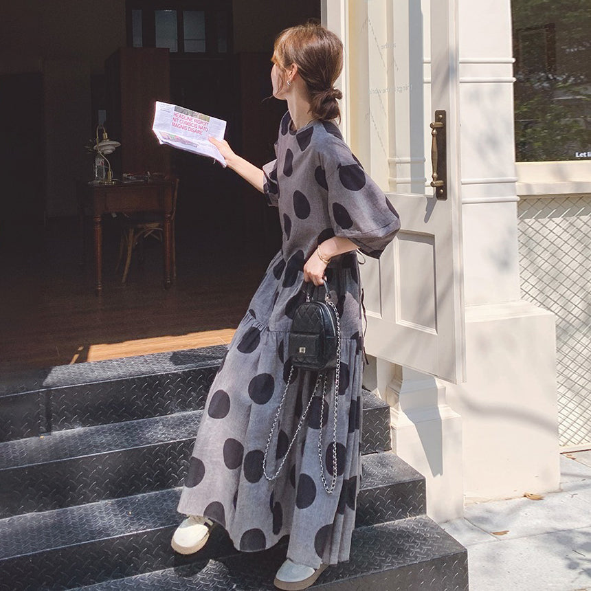 【ワンピース】フレンチレトロ 大きめドット柄ワンピース レディース 夏 2025新作 気質あるカジュアル ノースリーブワンピース【SHシリーズ】