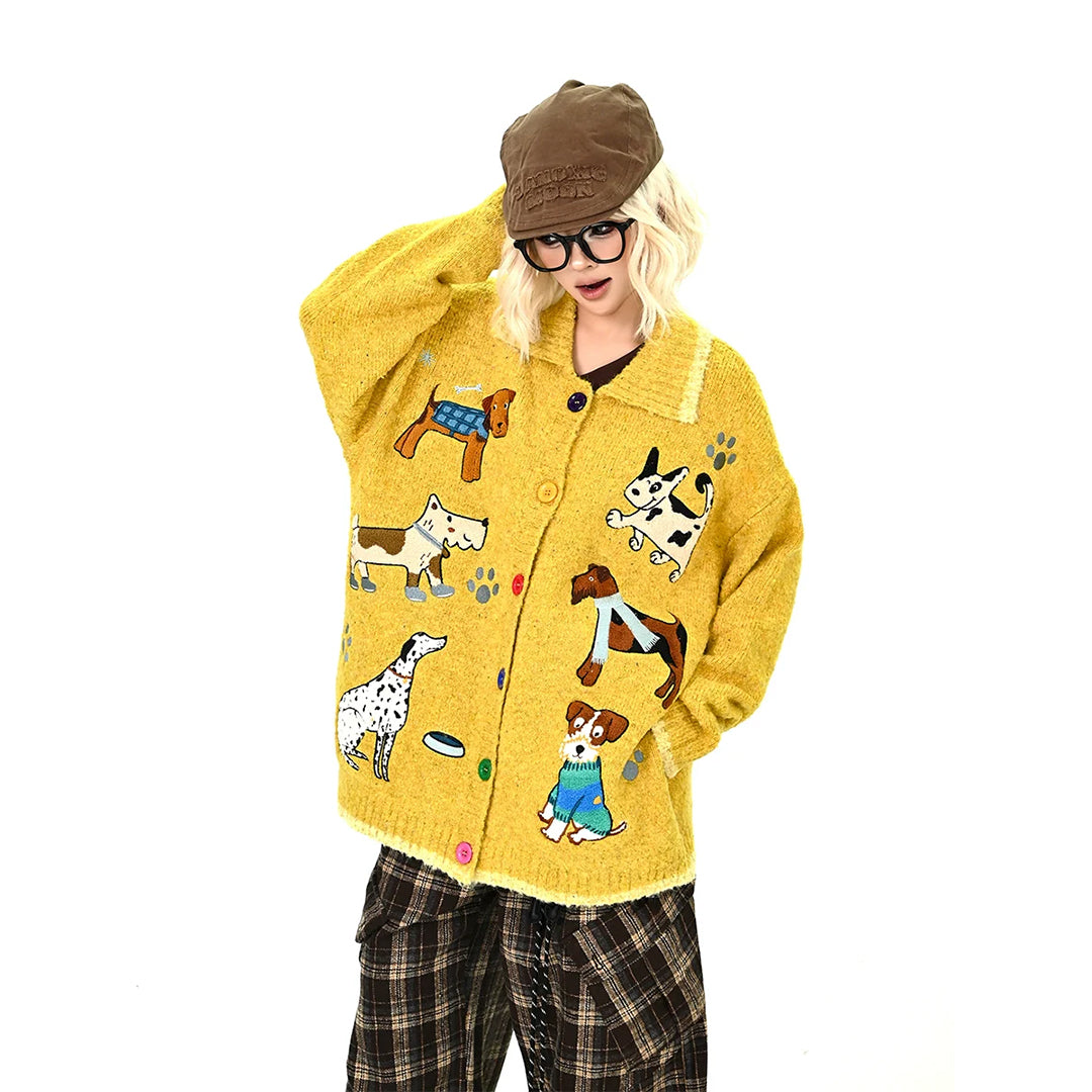 【アウター】子犬 刺繍 セーター ゆったりくつろぎ感 カーディガン【FCシリーズ】