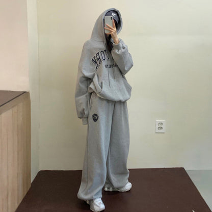 美式加絨連帽上衣＋闊腿長褲｜寬鬆保暖休閒兩件式穿搭【FC系列】