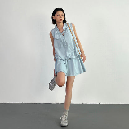 【ワンピース】リゾート風 ブルーワンピース レディース 夏 ノースリーブ フリル ドッキングデザイン バルーンシルエット【FCシリーズ】