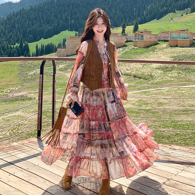 【セットアップ】メラード風 ベスト+花柄長袖ワンピース セット 春秋 若見え 上品でエレガント 超おしゃれ【SHシリーズ】