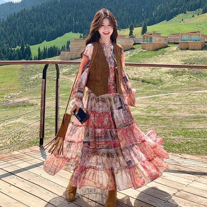 【セットアップ】メラード風 ベスト+花柄長袖ワンピース セット 春秋 若見え 上品でエレガント 超おしゃれ【SHシリーズ】