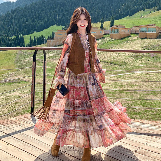 【セットアップ】メラード風 ベスト+花柄長袖ワンピース セット 春秋 若見え 上品でエレガント 超おしゃれ【SHシリーズ】