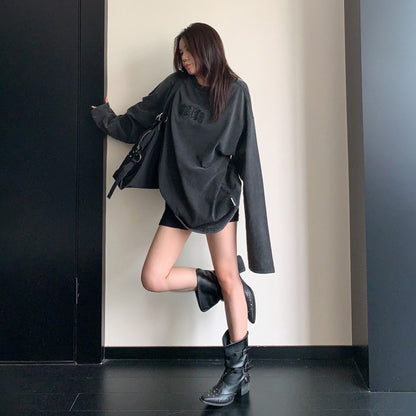 【トップス】ヴィンテージ刺繍ウォッシュロンT レディース オーバーサイズ リラックス 秋コーデ 長袖Tシャツ【FCシリーズ】