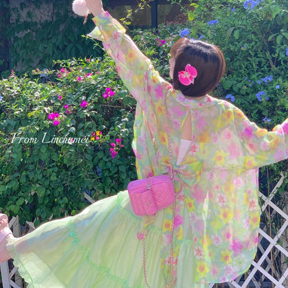 【アウター】夏 スイートリゾート風 スリット入りリボン 花柄 テンセル防晒シャツ【SHシリーズ】