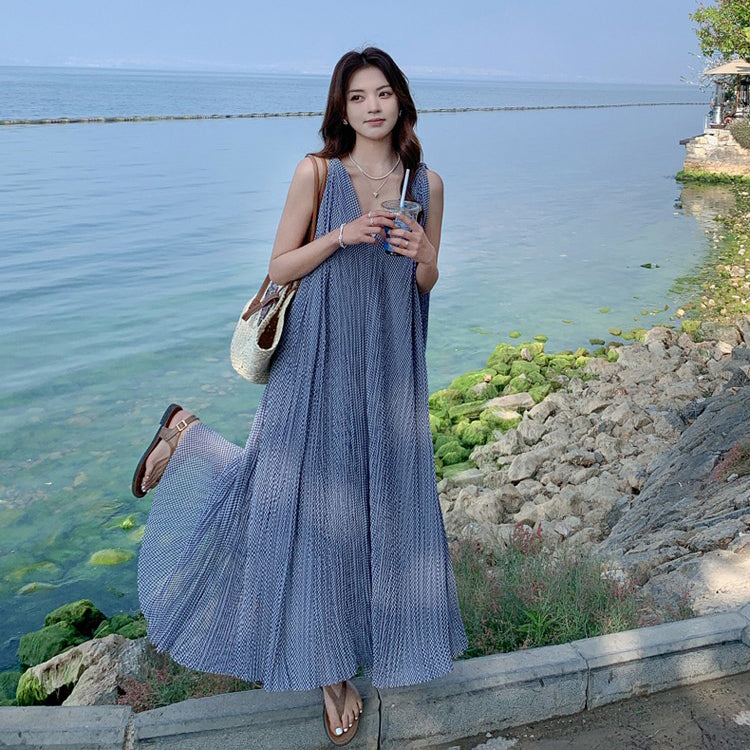 【ワンピース】韓国風 千鳥格 ノースリーブワンピース レディース 夏 大きめ裾 ロング丈 高見え【SHシリーズ】