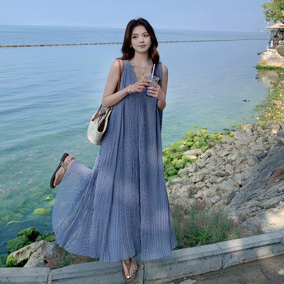 【ワンピース】韓国風 千鳥格 ノースリーブワンピース レディース 夏 大きめ裾 ロング丈 高見え【SHシリーズ】