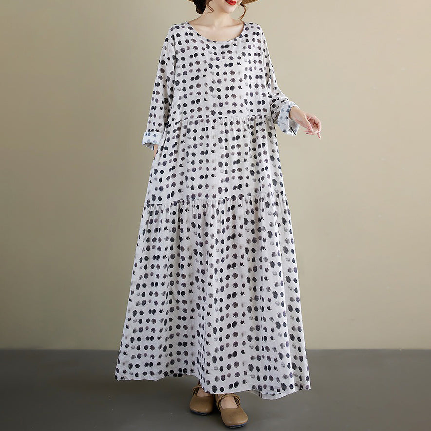 【ワンピース】レトロドット柄プリーツワンピース レディース 秋新作 長袖 クルーネック ゆったり 大人可愛い【SHシリーズ】
