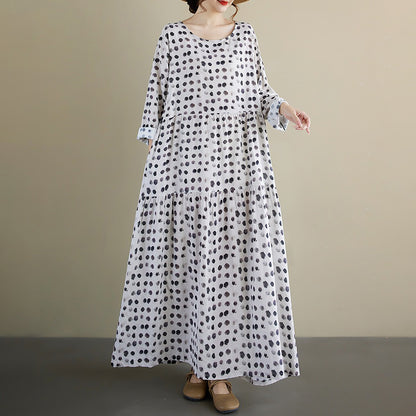 【ワンピース】レトロドット柄プリーツワンピース レディース 秋新作 長袖 クルーネック ゆったり 大人可愛い【SHシリーズ】