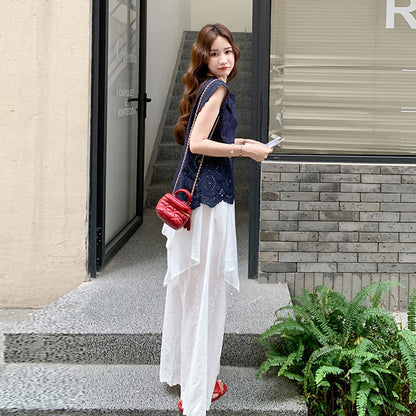 2点セット!【セットアップ】個性的で華やかな刺繍入りノースリーブトップス＋ワイドパンツ 上下セット 取り外し可能なバックフラップ付き【JZシリーズ】