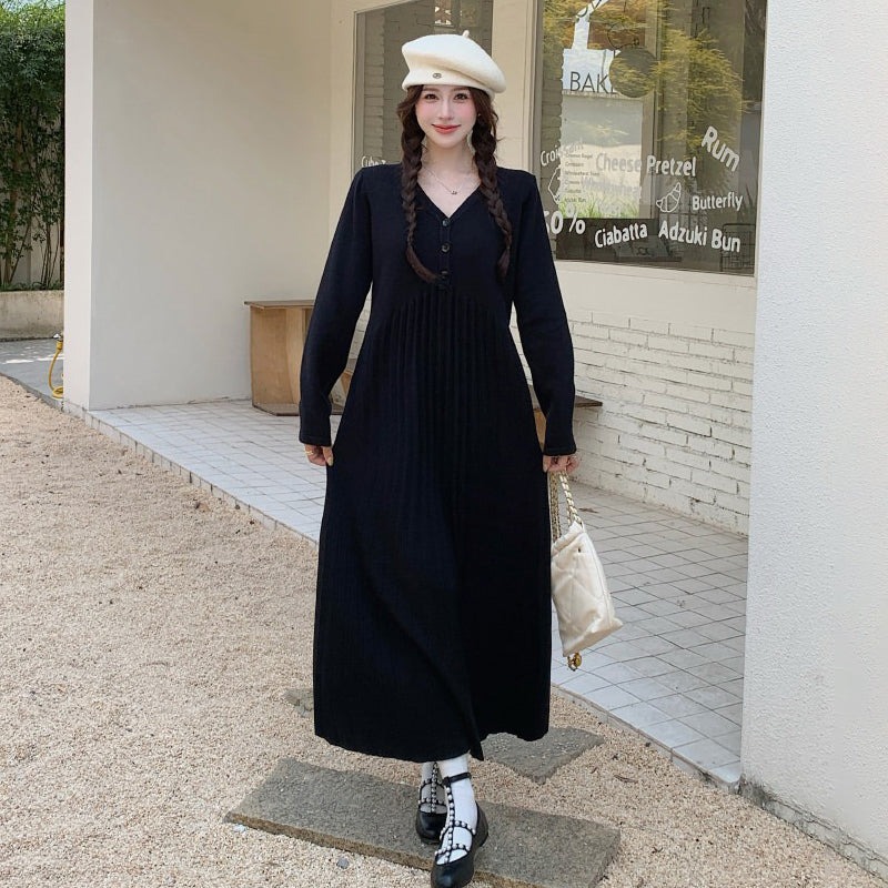 【ワンピース】大きいサイズニットロングワンピース レディース 秋冬新作 Vネック 長袖 プリーツデザイン 体型カバー【JZシリーズ】