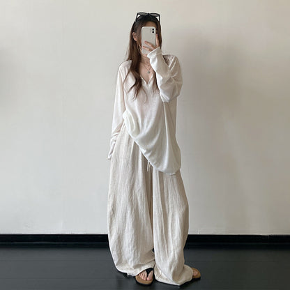 【トップス】Vネックリネン風ビッグTシャツ レディース ゆったり 長袖 UV対策 ミニマルコーデ【FCシリーズ】