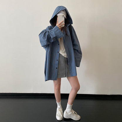 【アウター】ブルー系チェック フード付き ドローストリング オーバーサイズ 体型カバー シャツカーディガン【FCシリーズ】