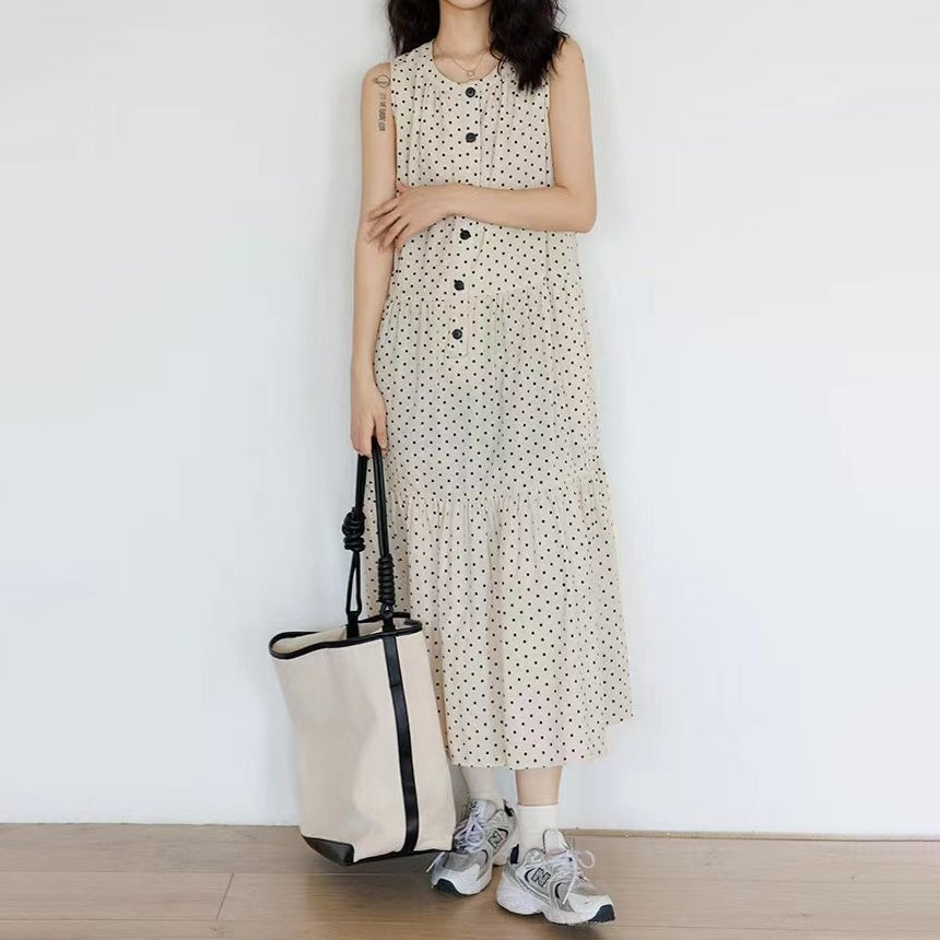 【ワンピース】ノースリーブ ワンピース レディース 夏 ドット柄 Aライン ロングワンピース ゆったり リゾート カジュアル【JZシリーズ】