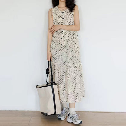 【ワンピース】ノースリーブ ワンピース レディース 夏 ドット柄 Aライン ロングワンピース ゆったり リゾート カジュアル【JZシリーズ】