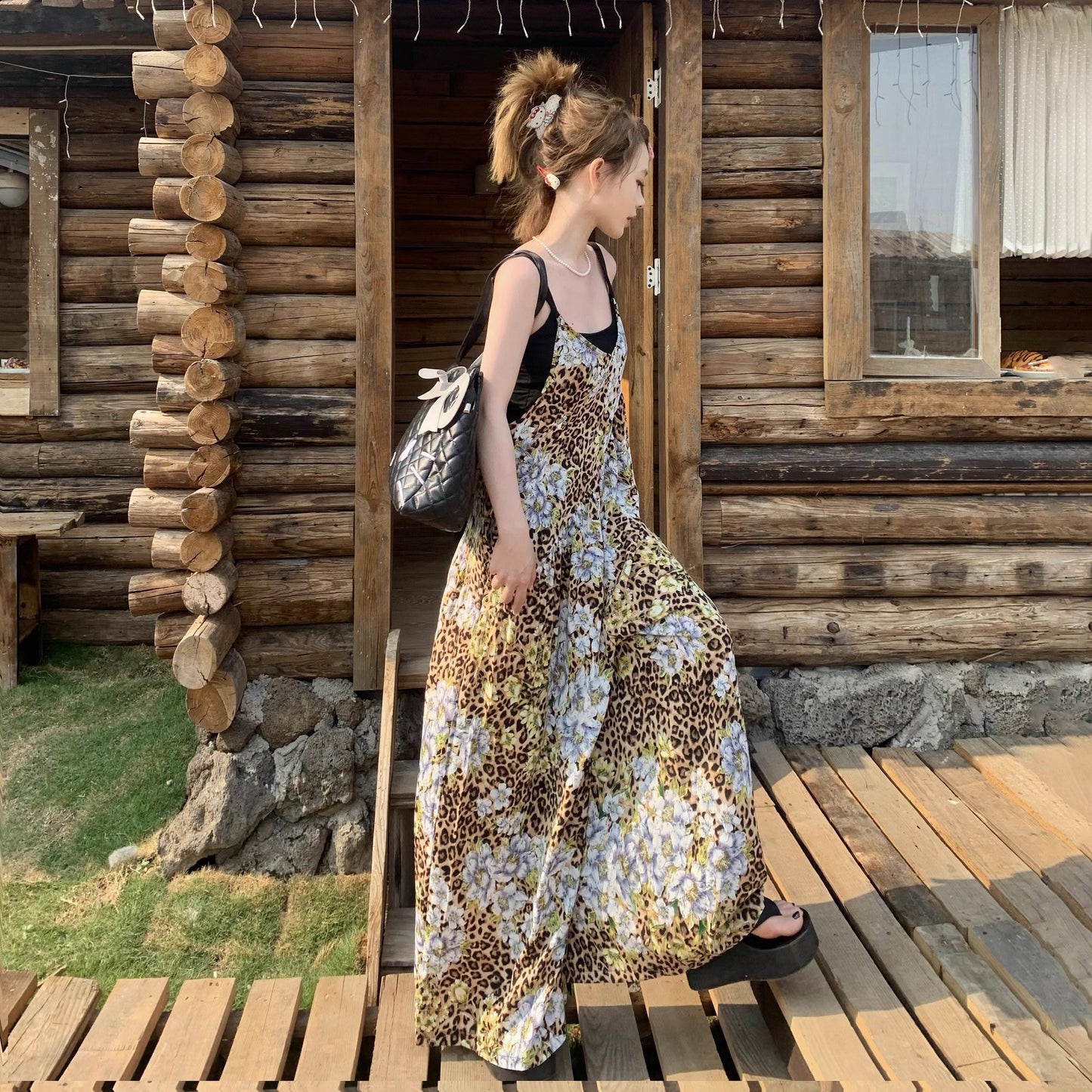 【ボトムス】夏新作 優雅に揺れる 雪青フラワー柄 オーバーサイズサロペット オールインワン【SHシリーズ】