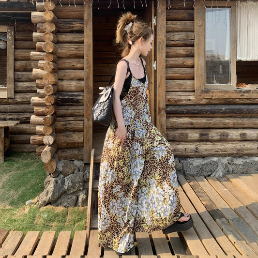 【ボトムス】夏新作 優雅に揺れる 雪青フラワー柄 オーバーサイズサロペット オールインワン【SHシリーズ】