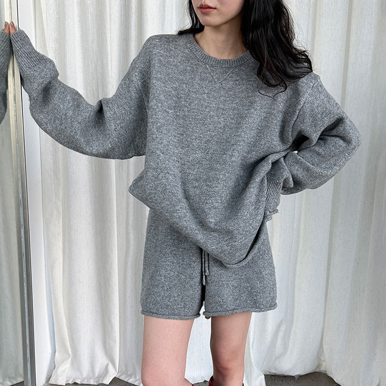 2点セット!【セットアップ】秋新作 韓国風ふんわりウール混ニットトップス＋ショートパンツ 上下セット【JZシリーズ】