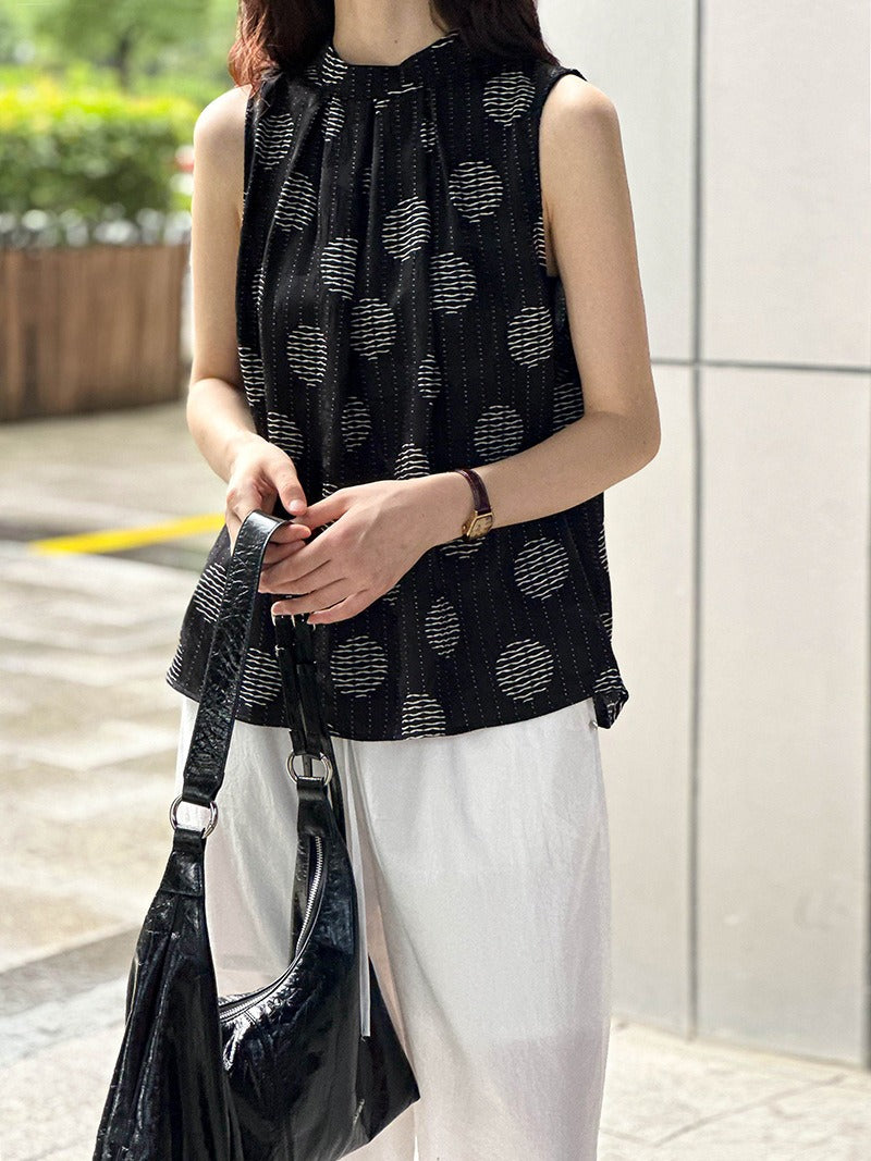 【トップス】夏新作 ファッションラウンドネック ドット柄 ゆったり 着痩せ 気品あふれる ノースリーブシャツ【JZシリーズ】【SHシリーズ】