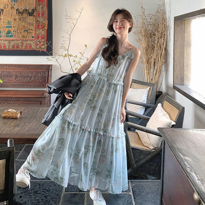 【ワンピース】ブルー ノースリーブ キャミソール 花柄ワンピース リゾート風 ゆったり スリム見え 夏【SHシリーズ】